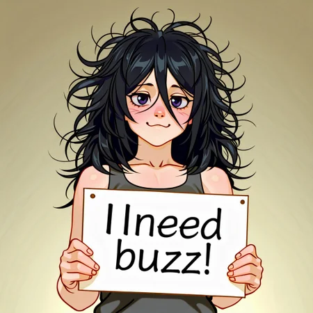 (Kairunoburogu, by neocoill:0.5), need_buzz, holding sign, kuchiki rukia, (messy hair:2), looking at viewer, ;3, tank top
