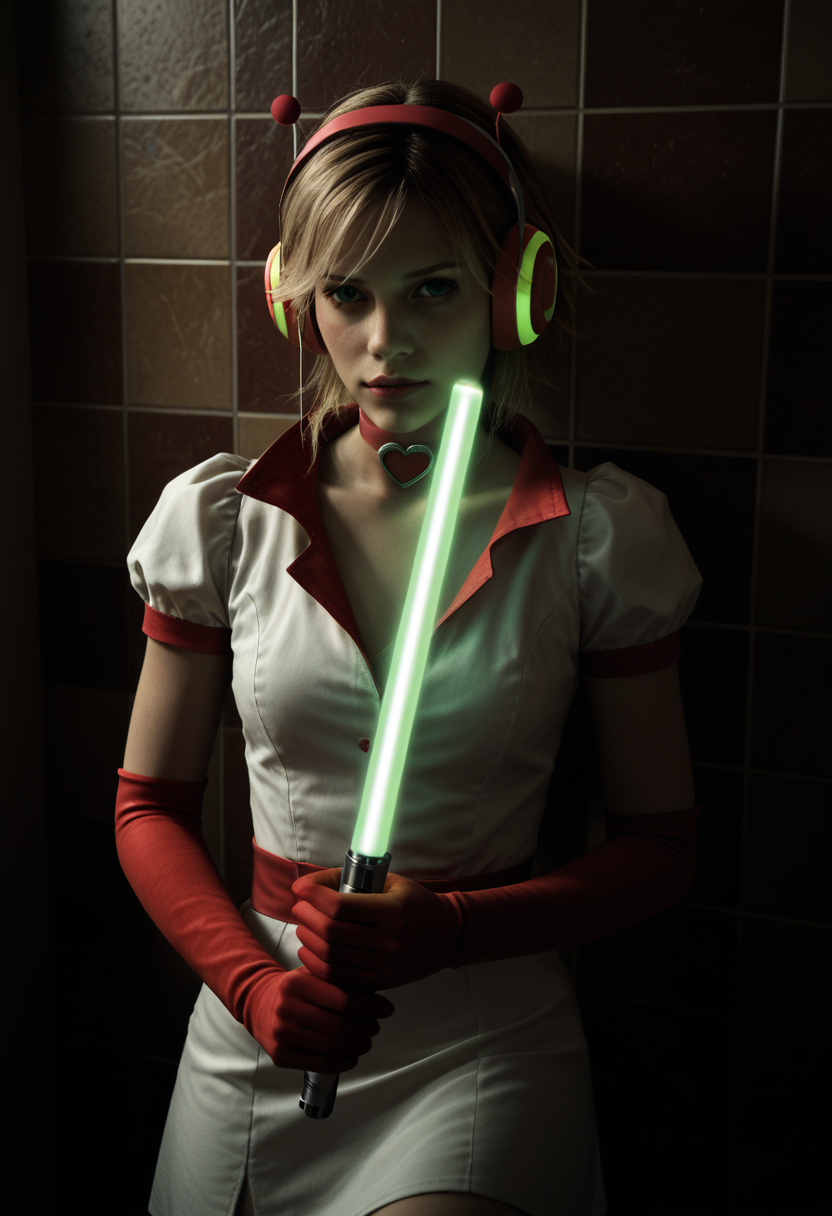 score_9, score_8_up, score_7_up,  <lora:Heather_SH3_Costume_Pony:0.8> puthere2feeljoy,1girl, red elbow gloves, blonde hair, headphones,white dress, skirt, heart, choker,  <lora:dark:0.8> dark, sexy, tile wall, <lora:Heather_Silent_Hill_3:0.4> sh3heather, holding green lightsaber,  (green glow, miniskirt