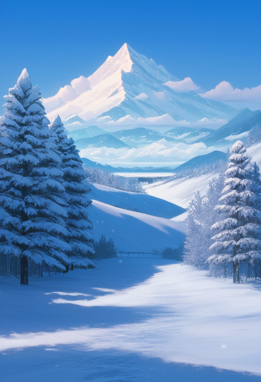 score_9, score_8_up, score_7_up, source_anime, best quality, masterpiece, ultra detailed, landscape, winter, snowing, cozy, mountains, beautiful woman, amazing background, outdoors, trees, frozen river, snow-covered peaks, sunlight, cold atmosphere, blue sky