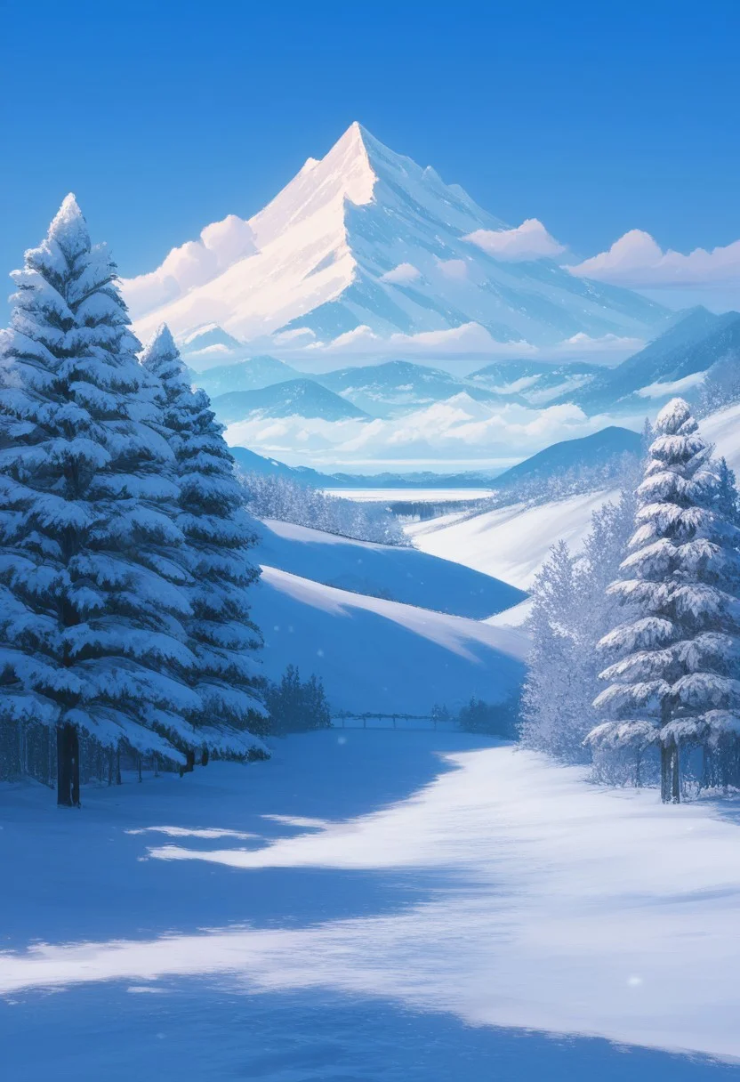score_9, score_8_up, score_7_up, source_anime, best quality, masterpiece, ultra detailed, landscape, winter, snowing, cozy, mountains, beautiful woman, amazing background, outdoors, trees, frozen river, snow-covered peaks, sunlight, cold atmosphere, blue sky