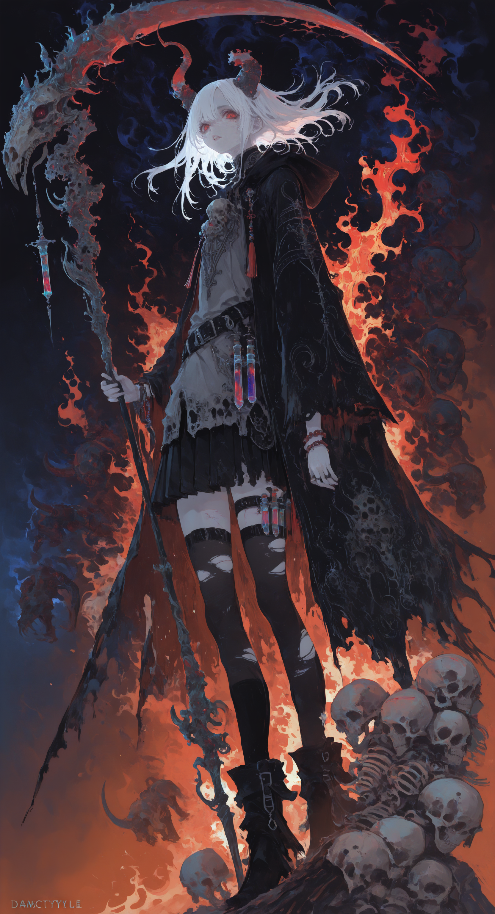 masterpiece, best quality, good quality, newest, highres, absurdres,(damctyle:1.3),((dramatic angle,dynamic angle,dynamic pose:1.3), solo, 1girl, long hair, looking at viewer, shirt, skirt, long sleeves, red eyes, thighhighs, holding, jewelry, standing, white hair, weapon, pleated skirt, parted lips, horns, teeth, artist name, medium hair, belt, black thighhighs, hood, black skirt, miniskirt, holding weapon, coat, bracelet, torn clothes, kneehighs, floating hair, hood down, from below, fire, tassel, staff, grey shirt, cloak, hood up, black coat, skull, holding staff, fantasy, scythe, torn thighhighs, hooded cloak, hooded coat, holding scythe, scratches, broken horn, vial, torn, hooded robe, animal skull, This is a digital artwork in a dark, fantasy-themed style. The central figure is a young woman with long, flowing silver hair, and pale skin, wearing a black cloak with a hood. Her eyes are a striking red, adding a supernatural element. She is holding a large, ornate staff adorned with metallic decorations and skulls, which matches the edgy, gothic aesthetic. The background is an intense blend of dark blues and oranges, creating a dramatic and fiery atmosphere. The lighting is predominantly dark, with the orange hues suggesting a source of light from behind, possibly fire or a magical aura. The overall composition is dynamic, with the figure and staff positioned slightly lower in the frame, giving a sense of depth and movement., melanch0ly,xxx667_illu, glowing <lora:illustriousXL_stabilizer_v1.23:0.3> <lora:NOOB_vp1_detailer_by_volnovik_v1:0.3> <lora:ponyv6_noobE11_2_adamW-000017:0.3> <lora:XXX667:0.6> <lora:GENESIS_MK0.2:0.7> <lora:mon_monmon2133:0.5> <lora:r17329_illuu:0.5>