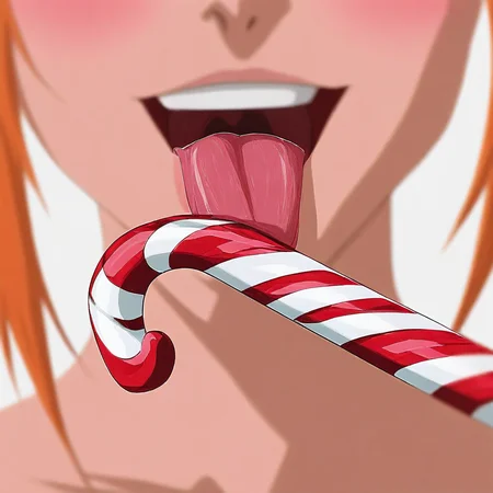 C4NDYC4N3, an anime styled image, masterpiece, absurdres, solo, facing viewer, anime style, anime lineart, bleach, licking, tongue out, tongue, upper teeth, smile, face focus, 1girl, beautiful eyes, smile, blush, christmas theme, biting, candy cane, food, teeth, simple background, red and white theme, depth of field, dynamic