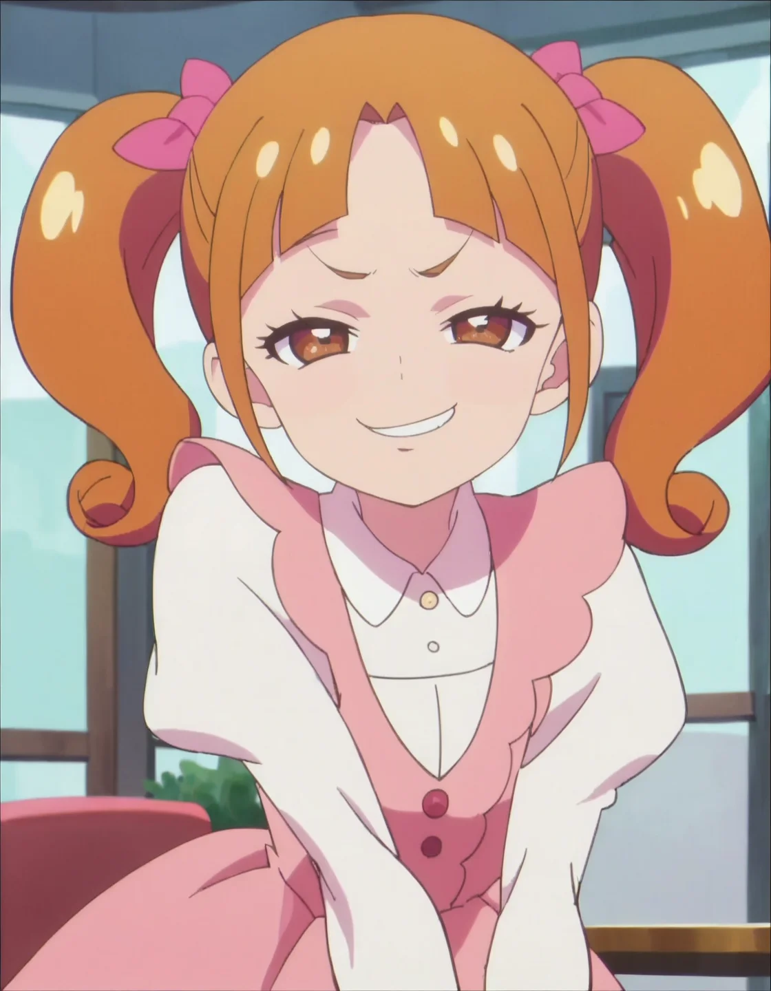score_9, score_8_up, score_7_up, anime screencap,1girl, solo, twintails, pink dress,white shirt, brown hair, brown eyes, bow,smug,looking at viewer,center parted bangs <lora:IchijoRankoV2:0.8>
