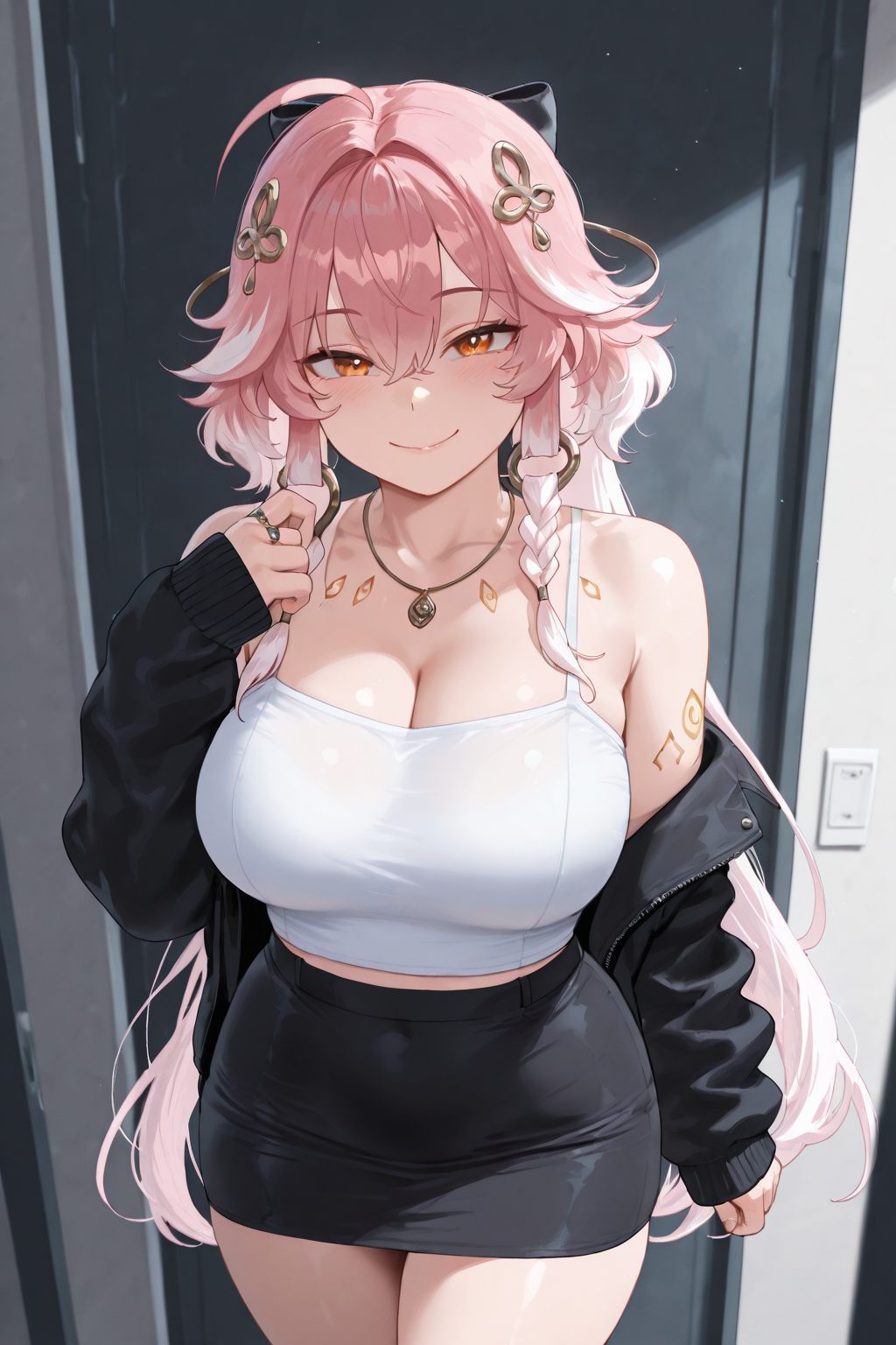 masterpiece,best quality,amazing quality,absurdres, <lora:Changli_Wuthering_Waves:1>, ChanDS, 1girl, ahoge, alternate costume, bare shoulders, black bow, black hair, black jacket, black skirt, body markings, bow, braid, breasts, cleavage, closed mouth, cowboy shot, feather hair, hair between eyes, hair bow, hair extensions, hair ornament, hand up, jacket, jewelry, light blush, long hair, looking at viewer, midriff peek, multicolored hair, necklace, off shoulder, open clothes, open jacket, orange eyes, pink hair, ring hair extensions, shirt, skirt, sleeves past wrists, smile, solo, twin braids, two-tone hair, very long hair, white hair, white shirt