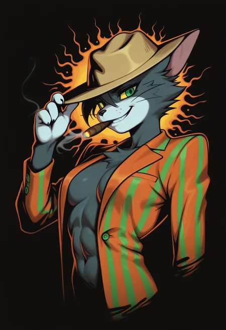 masterpiece, best quality, Graphic Design, color art, vibrant colors, colorful, intricate details, high contrast, detailed background, beautiful detailed, beautiful face, detailed eyes, detailed face, new, newest, z00tt0m, 1girl, solo, furry, cat, yellow sclera, green eyes, grey fur, whiskers, hat, formal, suit, striped jacket, simple background, black background, upper body, dynamic pose, orange aura, menacing, looking at viewer, grin, cigar in mouth, smoking, dark, open jacket, navel, abs, adjusting headwear, from side,