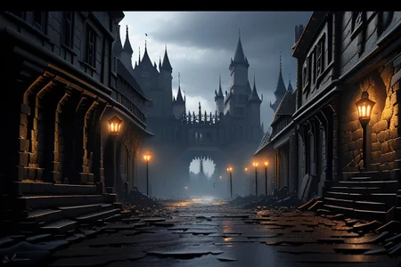 (masterpiece:1.2), (best quality,:1.2), 8k, HDR, ultra detailed, ((photorealistic)), professional light, cinematic lighting, fashion photography, ambient lighting, background, a dark medieval street leading to (a gothic castle on a hill), Darkness, <lora:Darkness-10:1>, epiCPhoto,