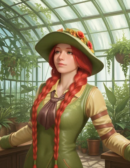 Masterpiece, high-res, 2k, best quality, 2.5d, realistic, 1girl, prof garlick <lora:prof_garlick_illus-000043:1> Leaning back with arms outstretched looking relaxed, inside a greenhouse