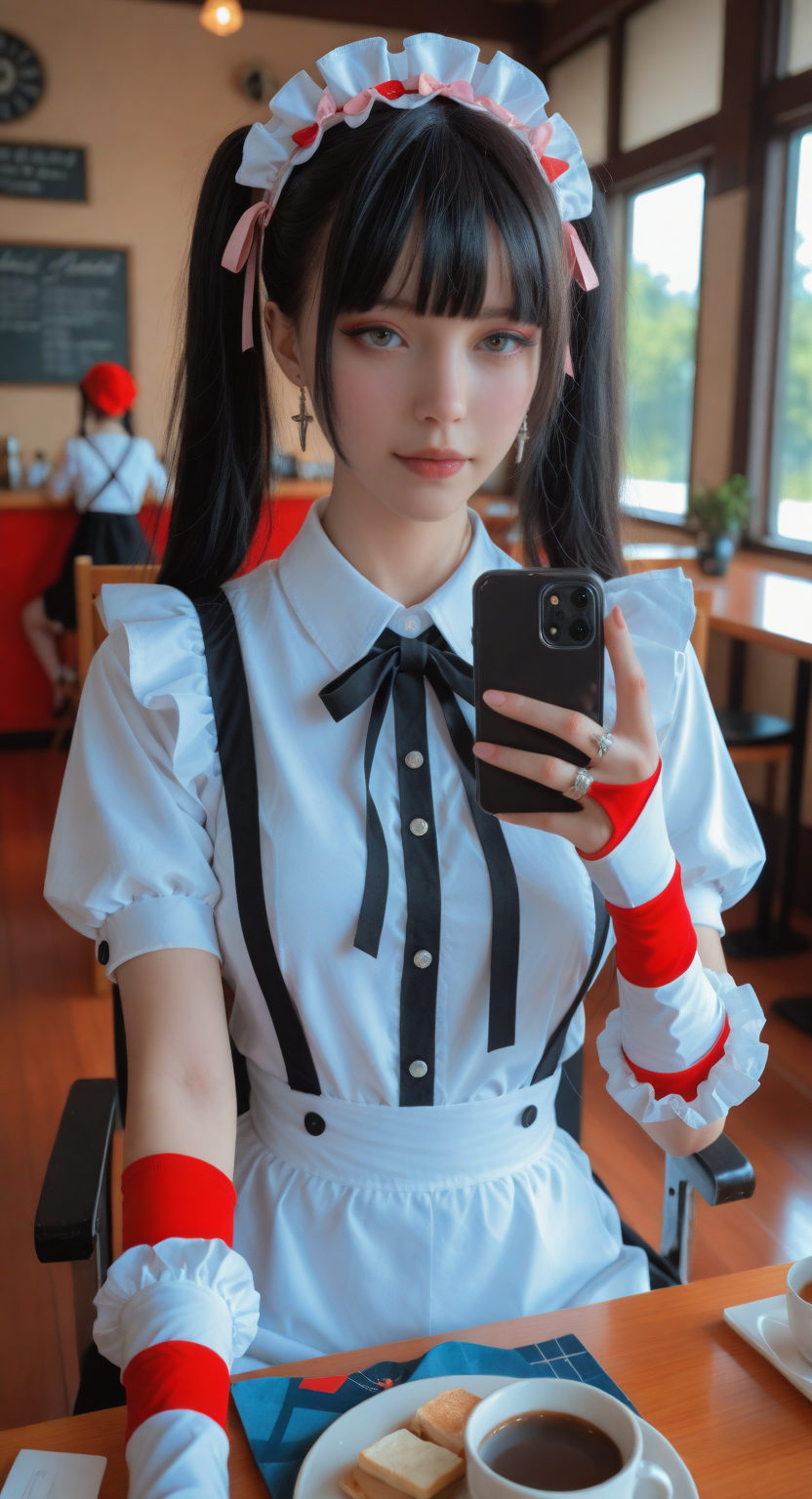 (realistic:1.05),cosplay, masterpiece,highres,best quality, very aesthetic, absurdres, newest, highly-detailed, year 2025, intricate and beautiful,detailed light,  jirai kei, jiraikei face, a young Japanese woman, solo, black hair, cute,twintails, long hair,bangs, solo focus, looking at viewer and facing viewer,blunt bangs, jewelry , hairband, earrings, ring, eyes, smile,makeup,long eyelashes,eyelashes,thick eyelashes,twintails,eyeliner,latin cross,long sleeves, (Selfie, smartphone,holding phone), pale skin,arm up,lipstick,Collar,shirt, frills, ear piercing, pink dress,upper body, Coffee shop background,outdoors,gothic, goth fashion, Sit in a chair,ring,pink bow,maid headdress,(She took a selfie with her phone outside the cafe),  cinematic photo,cinematic_angle,perfect eyes,detailed eyes,perfect face, detail small face,fine fabric detail,correct anatomy, perfect hands, manicure, sharp focus,(sexy:1.05),(detail background:0.8),  embedding:lazyreal, embedding:Smooth_Quality,  embedding:SmoothNoob_Quality,   <lora:None:1.0> <lora:å¢å ç»èNOOB_vp1_detailer_by_volnovik_v1:1.5> <lora:Dramatic_Lighting_Slideræå§æ§ç¯å:0.6> <lora:25D_ArtMixStyle_V2:0.8> <lora:asian_cosplay_photo-noob-V1-lora:1> <lora:pornmaster_skin-IL-V1-lora:1>