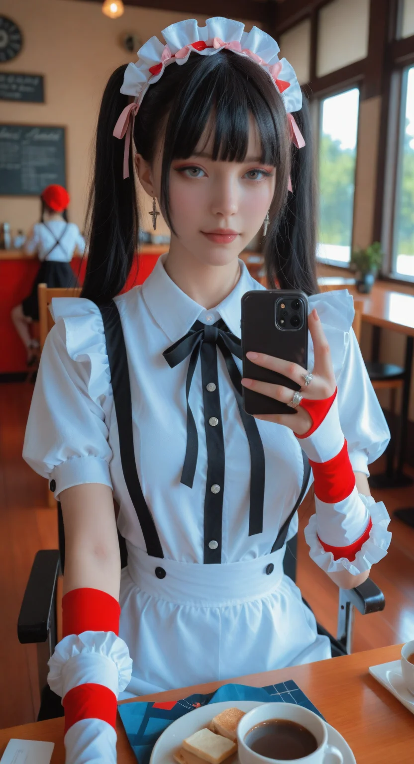 (realistic:1.05),cosplay, masterpiece,highres,best quality, very aesthetic, absurdres, newest, highly-detailed, year 2025, intricate and beautiful,detailed light, jirai kei, jiraikei face, a young Japanese woman, solo, black hair, cute,twintails, long hair,bangs, solo focus, looking at viewer and facing viewer,blunt bangs, jewelry , hairband, earrings, ring, eyes, smile,makeup,long eyelashes,eyelashes,thick eyelashes,twintails,eyeliner,latin cross,long sleeves, (Selfie, smartphone,holding phone), pale skin,arm up,lipstick,Collar,shirt, frills, ear piercing, pink dress,upper body, Coffee shop background,outdoors,gothic, goth fashion, Sit in a chair,ring,pink bow,maid headdress,(She took a selfie with her phone outside the cafe), cinematic photo,cinematic_angle,perfect eyes,detailed eyes,perfect face, detail small face,fine fabric detail,correct anatomy, perfect hands, manicure, sharp focus,(sexy:1.05),(detail background:0.8), embedding:lazyreal, embedding:Smooth_Quality, embedding:SmoothNoob_Quality, <lora:None:1.0> <lora:å¢å ç»èNOOB_vp1_detailer_by_volnovik_v1:1.5> <lora:Dramatic_Lighting_Slideræå§æ§ç¯å
:0.6> <lora:25D_ArtMixStyle_V2:0.8> <lora:asian_cosplay_photo-noob-V1-lora:1> <lora:pornmaster_skin-IL-V1-lora:1>