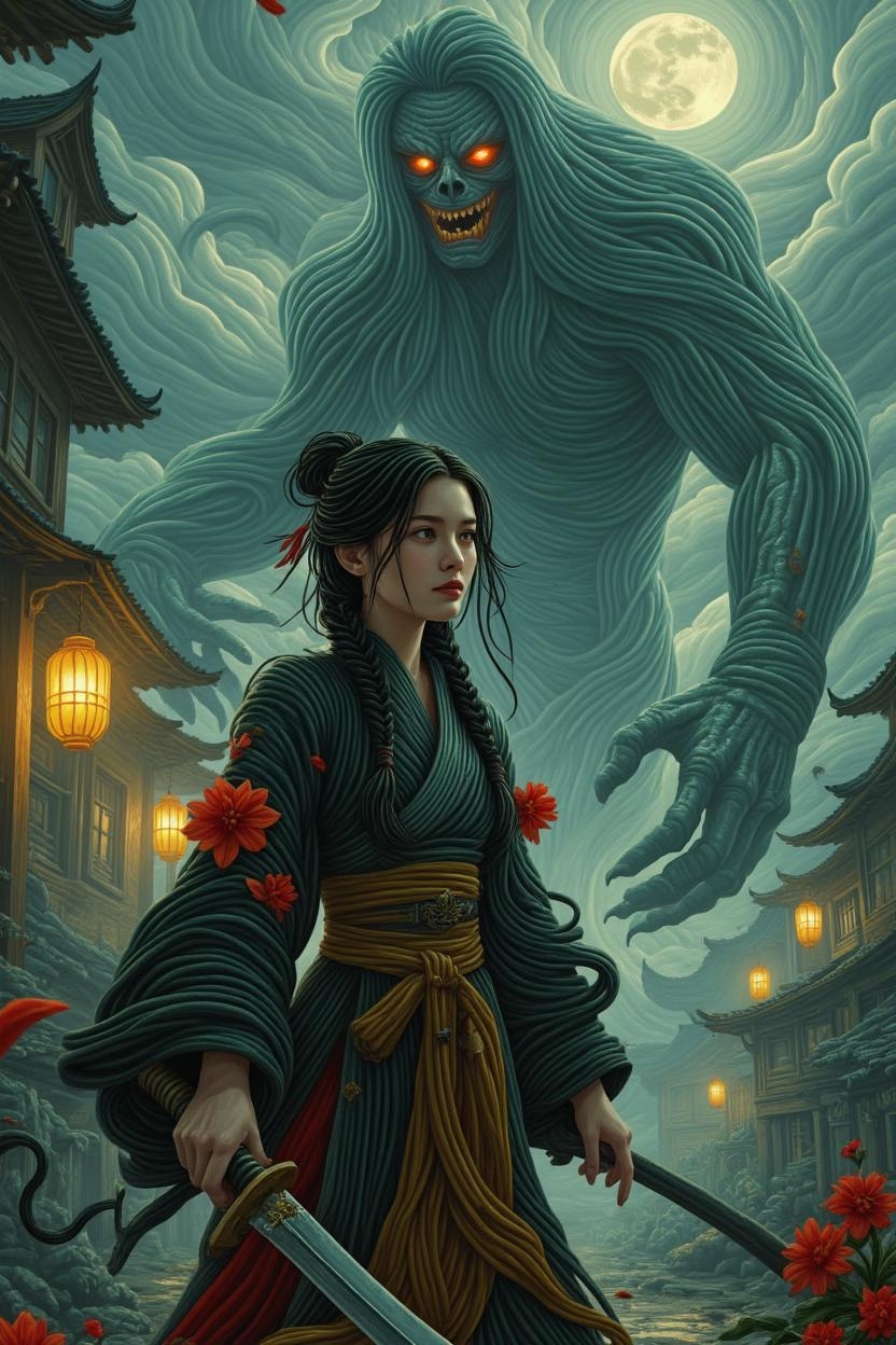 <lora:nule-flux-lora-E4.safetensors:1> nule style
The scene is shrouded in an oppressive, thick mist that clings to the air like a damp, unseen shroud. A woman stands in the foreground, her figure cut from the shadows. She is in her mid-thirties, with a face etched by the lines of both determination and deep sorrow. Her long, dark hair cascades down her back in flowing braids, each adorned with wilted red flowers, their petals clinging to the tattered fabric of her qipao. The dress, once vibrant, is now a dark, coarse garment, its ornate details faded and frayed. She holds a katana at her side, its blade glinting with a cold, unforgiving light.
Behind her, the mist swirls and coalesces, giving form to a monstrous, towering spirit. Its gnarled, tentacle-like limbs ripple with malevolent energy, and its eyes, glowing a fiery red, pierce through the darkness. The spirit's eerie grin is a grotesque parody of a smile, its presence exuding a palpable sense of danger and foreboding. The air is heavy with the smell of decay and mold, and a distant, mournful howling echoes through the night.
The background is a stormy night, with a full moon barely visible behind a veil of low-hanging clouds. The sky is a chaotic swirl of grays and greens, the colors of a world on the brink of chaos. A solitary, flickering lantern casts a dim, yellowish glow in the bottom left corner, its light barely piercing the dense fog. The lantern's shadows stretch and warp, creating a twisted, nightmarish landscape.
Every element of the scene is imbued with a sense of dread and tension, as if the entire world is holding its breath, waiting for the inevitable confrontation between the woman and the malevolent spirit. The scene is a haunting blend of horror and fantasy, where the boundary between the real and the supernatural is perilously thin.