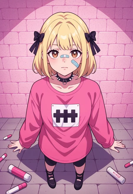 score_9, score_8_up, score_7_up,
masterpiece, best quality, detailed, amazing quality,
detailed background, park,
detailed eyes, clean eyes, 
dynamic pose, from above,
solo, 1girl, brown eyes, blonde hair,
easynegative,
yami_kawaii, dark colors, oversized shirt, patterns, illustration on shirt, choker,
cute, bows, ribbons, spikes, belts,
pills, medicine, bandaids, bandaids on face, dark eyebags,