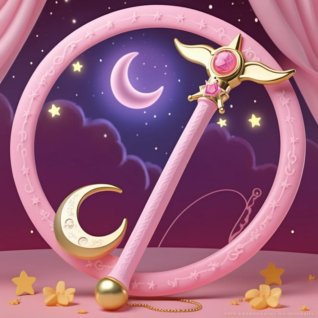 A photorealistic image of a child's toy scythe, with the main body in soft pink hues. The scythe is adorned with sparkling gems and crescent moon motifs, adding a whimsical yet magical touch. In the background, a six-pointed star magic circle is intricately designed, complementing the toy scythe's enchanting theme. The entire scene captures the essence of a fantasy world, with the toy scythe appearing both playful and mystical, set against the detailed and glowing magic circle.,<lora:girl_toy_style:0.65>,