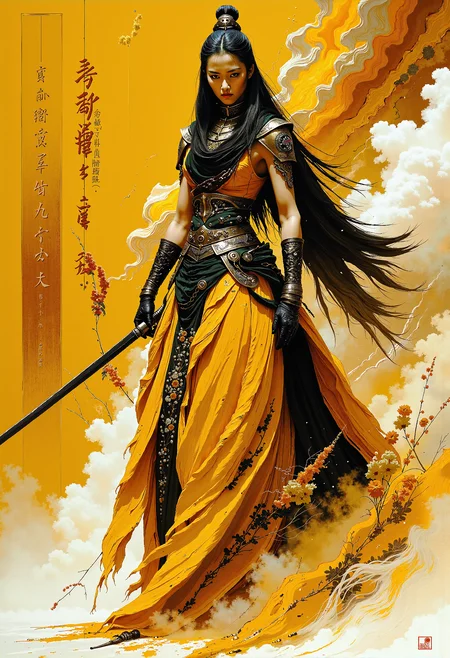 A stunning ink art piece, yellow white and black , sharp focus, female asian with katana, walking towards viewer. retrofuturism, by tomasz alen kopera and asher brown durand and phil hale and alphonse mucha <lora:Ethereal Grace - s1 g4.safetensors:0.5>, <lora:flux.1_lora_flyway_Epic-detail_v2.safetensors:1.0>,