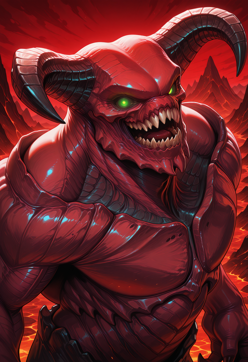 solo, mountain, lava, half-length portrait, portrait, solo, hell, red sky, dynamic pose, male focus, b4ron0fh3ll, monster, red skin, sharp teeth, glowing eyes, green eyes, no pupils, muscular,  <lora:illustriousXL_stabilizer_v1.23:0.8> <lora:BaronOfHell_DOOM2016_V1_ILXL:1>, perfect anatomy, masterpiece, perfect quality, best quality, detailed, newest, very aesthetic