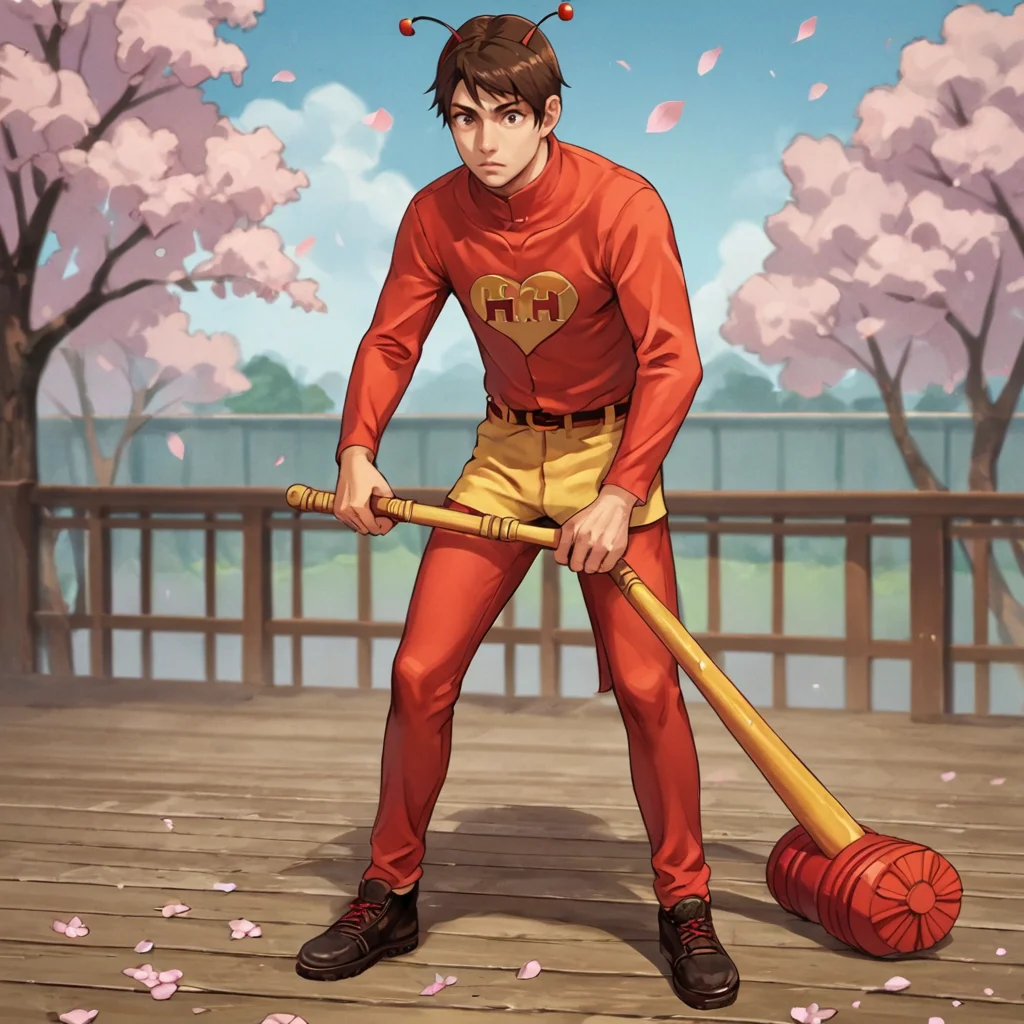 score_9, score_8_up, score_7_up, score_6_up, score_5_up, score_4_up, BREAK source_anime, 1boy,male focus, brown hair, <lora:chapulín_colorado:0.9>,chapulin,full_body,blue sky, baseball_bat, black_eyes, solo, standing, weapon, one girl, beautiful face, pale skin, busty, cherry blossoms,
