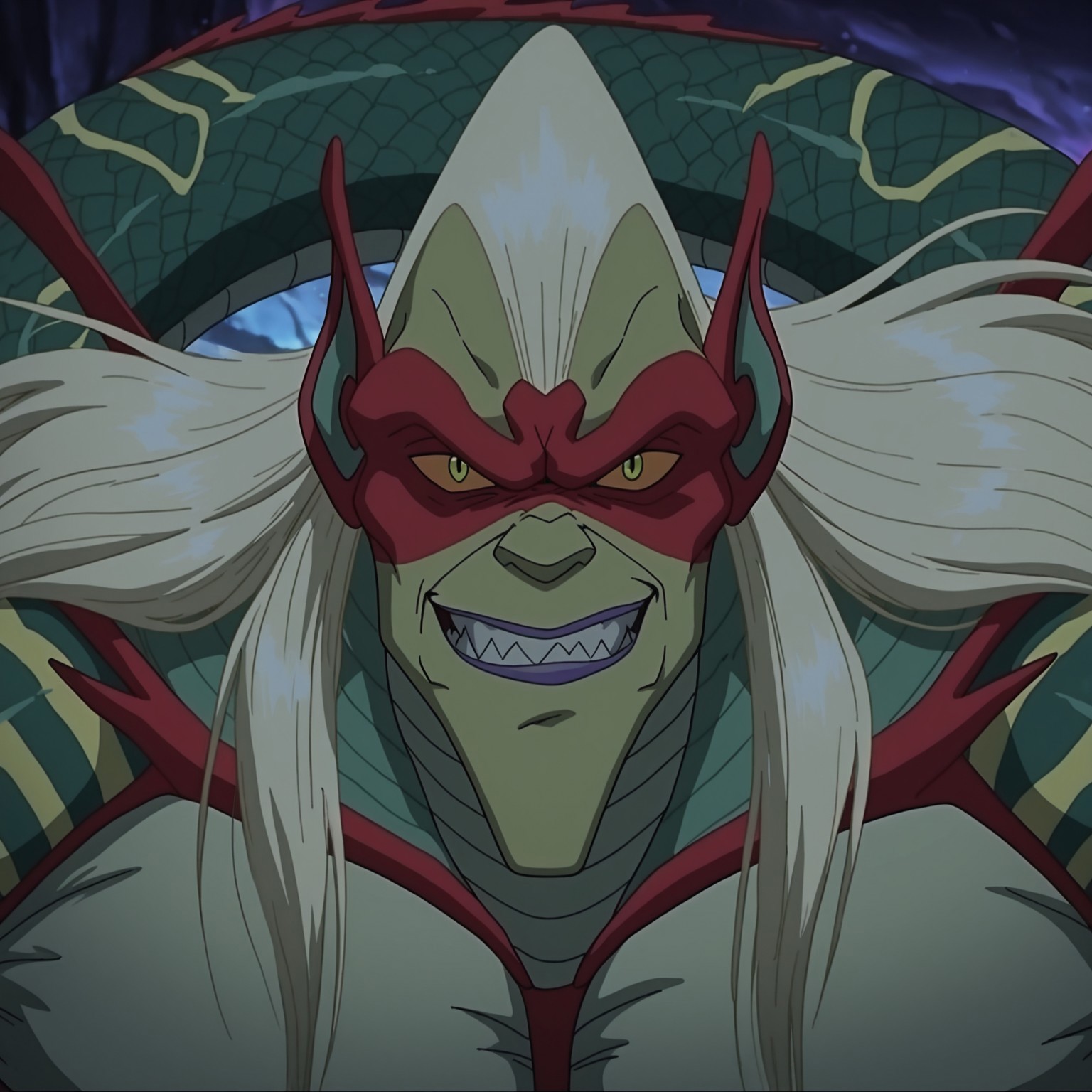 2d, 1boy, solo, Lordcedric, male, man, manly, naga, humanoid, long hair, light yellow hair, snake tail, long tail, legless, colored skin, multicolored body, purple lips, muscular, muscular male, skin markings, scalie, scales, sharp teeth, black eyes, green irises, yellow sclera

BREAK smirk, close up, face focus, looking at viewer, smirk

BREAK best quality, amazing quality, very aesthetic, absurdres, newest, masterpiece, high quality, 