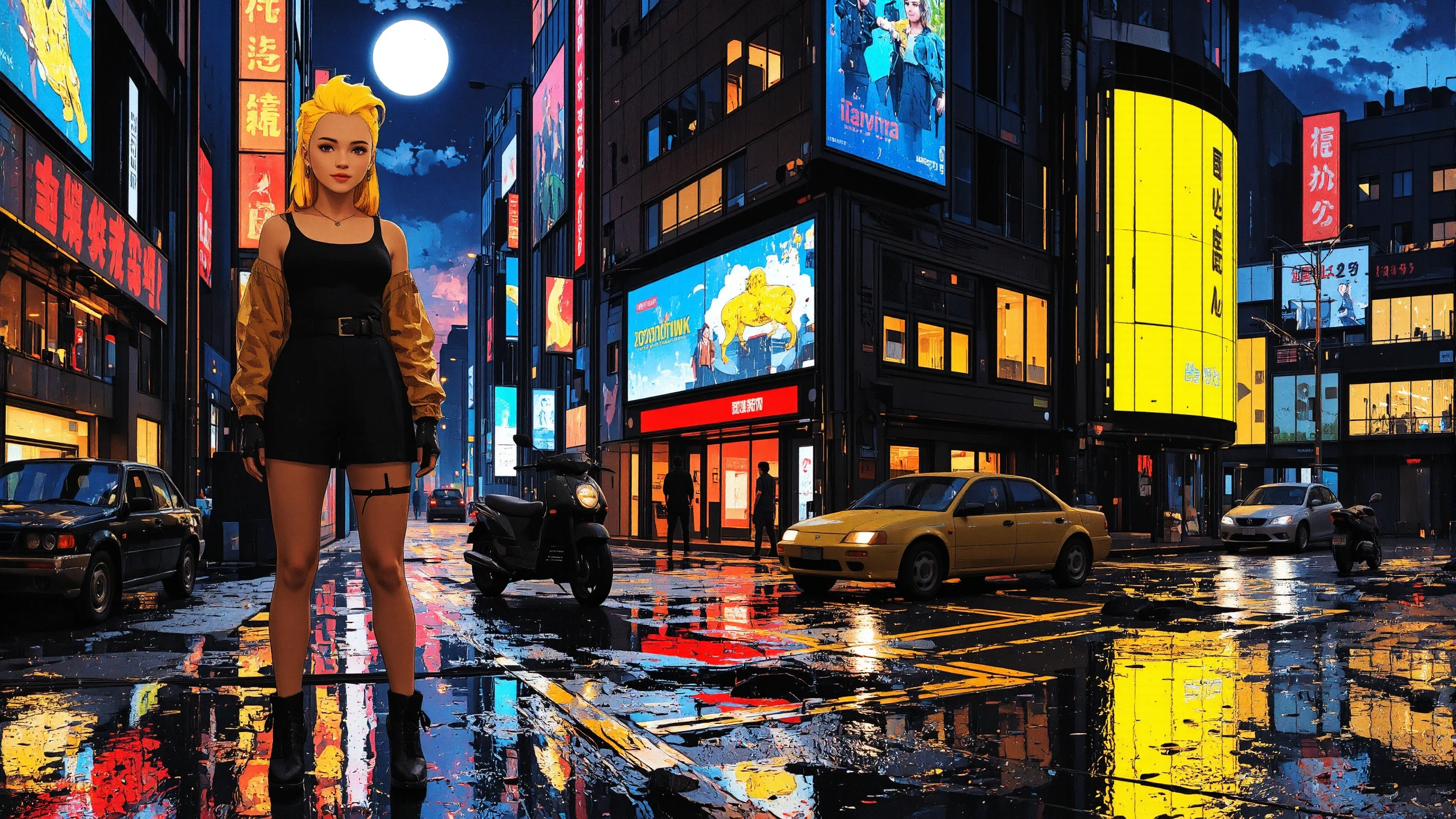 mohawk yellow hair young woman, anime, illustration, cyberpunk, futuristic, extremely detailed, portrait, standing, happy smile, beautiful cyberpunk tokyo buildings landscape, wet floor, windows, car, motorbike, moon in the sky, bright neon lights, screen holograms, kanjis, raytracing, hdr, high contrast, cinematic lights, backlight, reflections, legs, heels, sharp focus, luminous Mocha robot glossy brilliant armor, body lights, body circuits, glossy lipstick, necklace, y-shaped earrings, colorful, retrowave, shadows, vibrant colors, colorful, bright, pretty, beautiful, feminine, sexy, lovely, in love, adorable, fashion, <lora:Hand v2:1> <lora:Anti-Blur:2> <lora:Insane Detail Slider:0.5>  <lora:flux.1_lora_flyway_Epic-detail_v2:0.3><lora:fluxenhancer:0.5> <lora:RetroAnimeFluxV1:0.3> <lora:CPA:0.8> <lora:Luminous_Shadowscape:0.4>