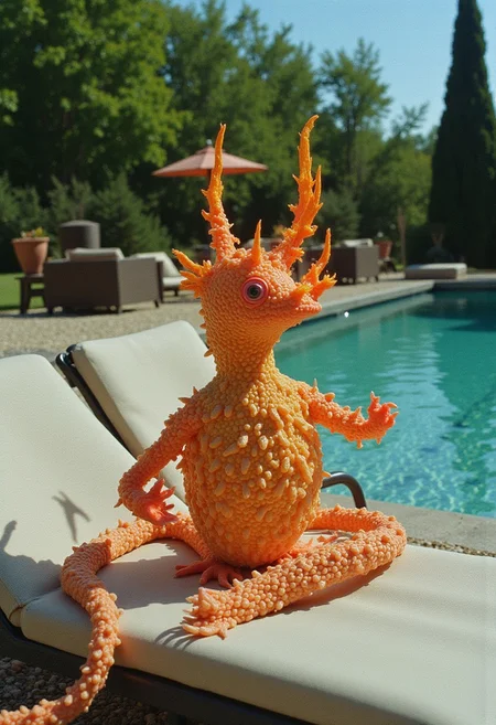 A Cinematic Photography. Kodak Motion Picture Film style, Analog photography
Over saturated Photo of an intricate weird fire creature. The intricate weird fire creature relaxing on a sun-lounger next to a Swimmingpool