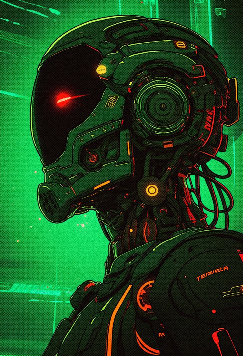 The image is a digital illustration in a detailed, Technozen aesthetic art style with 90s retro futuristic anime elements without noise or comic halftone effect. DORFic aesthetic, green technozen lines