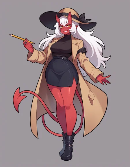 zPDXL, score_9, score_8_up, score_7_up, score_6_up, score_5_up, score_4_up, 1girl, solo,
<lora:bagelbomb:0.8> bglbmb, red skin, demon girl, oni horns, demon tail, white hair, freckles, long hair, trench coat, wide-brim hat, ankle booties, opaque pantyhose, pencil skirt,