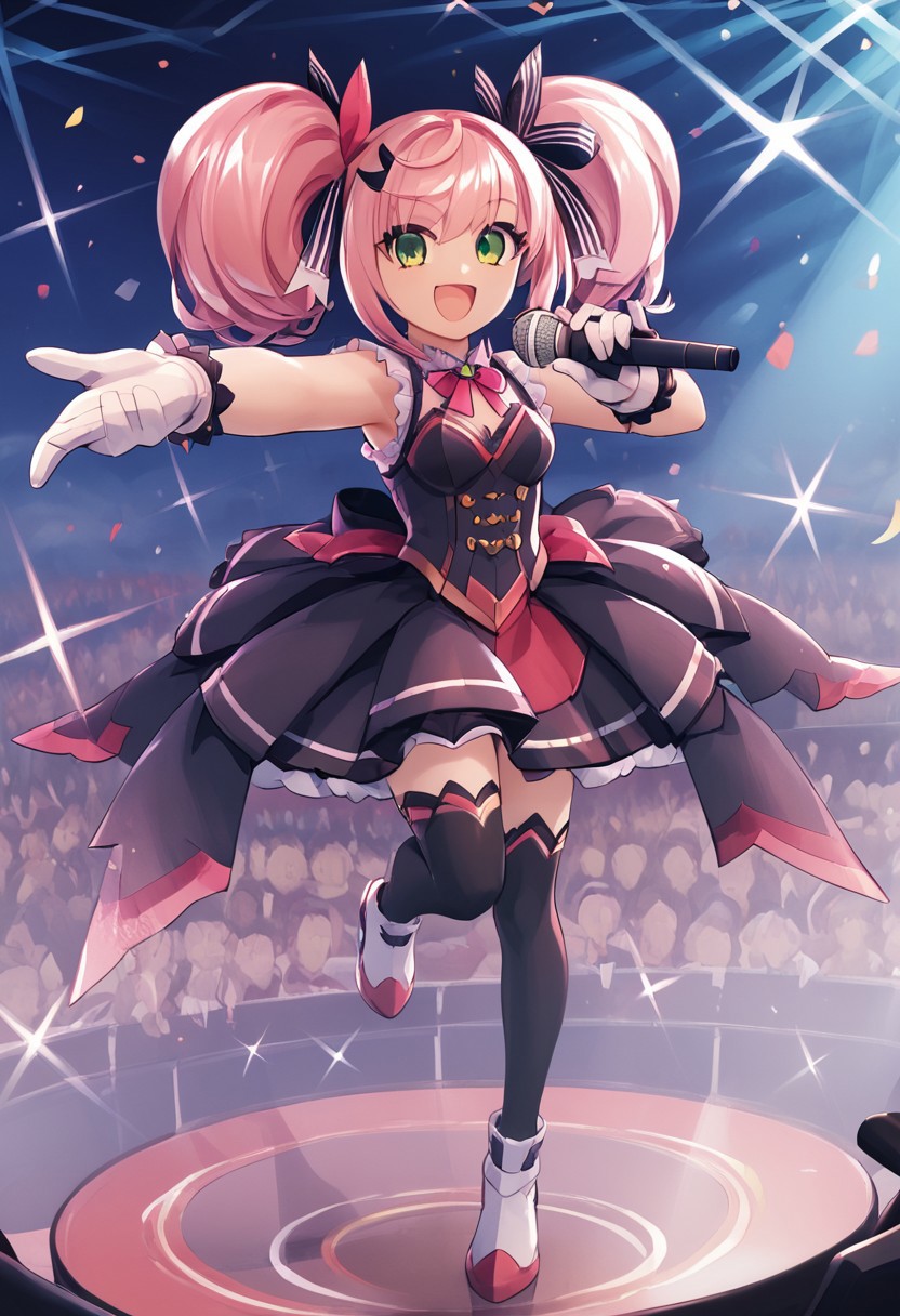 score_4,score_5,score_6,score_7_up,score_8_up,score_9
((masterpiece,best quality,ultra detailed,highres,HD,4k:1.2)),
1 cute girl,girl forcus,
full body, long hair, pink hair, green eyes, twin tails, hair ribbon, black hair ribbon,
red idol dress, red idol costume, white gloves, sleeveless, black knee socks, frills, 
stage,idol stage,holding a microphone, looking at the audience, reaching out to the audience, pointing at the audience,
happy, smile, open mouth,