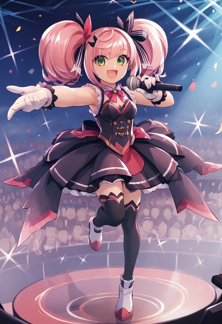 score_4,score_5,score_6,score_7_up,score_8_up,score_9
((masterpiece,best quality,ultra detailed,highres,HD,4k:1.2)),
1 cute girl,girl forcus,
full body, long hair, pink hair, green eyes, twin tails, hair ribbon, black hair ribbon,
red idol dress, red idol costume, white gloves, sleeveless, black knee socks, frills, 
stage,idol stage,holding a microphone, looking at the audience, reaching out to the audience, pointing at the audience,
happy, smile, open mouth,
