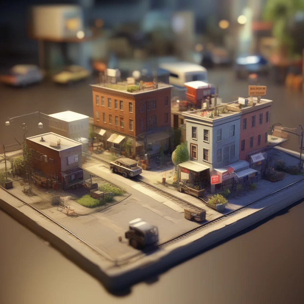 realistic, miniature, isometric, landscape, no humans, blurry, scenery, cup, stairs, plant, depth of field, artist name, ladder, table, ground vehicle, mug, motor vehicle, from above, outdoors, barrel, chair, lamp, coffee, railroad tracks, building, tree, potted plant, <lora:isometric-v1:1>
