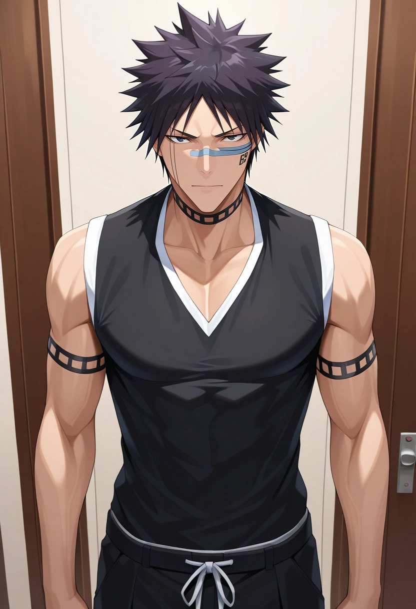 masterpiece, best quality, , (3d:0.4), looking at viewer, 1boy, solo, male focus, <lora:shuuhei_hisagi_ilxl:0.9>, shuuhei_hisagi, black hair, black eyes, short hair, spiked hair, , , ,