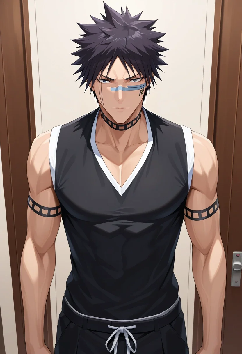 masterpiece, best quality, , (3d:0.4), looking at viewer, 1boy, solo, male focus, <lora:shuuhei_hisagi_ilxl:0.9>, shuuhei_hisagi, black hair, black eyes, short hair, spiked hair, , , ,