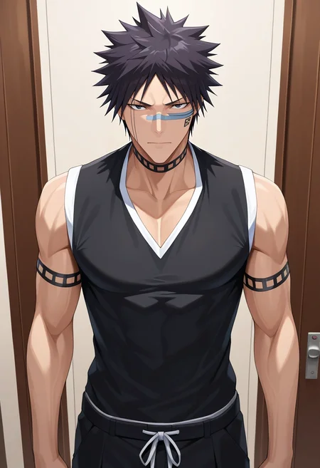 masterpiece, best quality, , (3d:0.4), looking at viewer, 1boy, solo, male focus, <lora:shuuhei_hisagi_ilxl:0.9>, shuuhei_hisagi, black hair, black eyes, short hair, spiked hair, , , ,