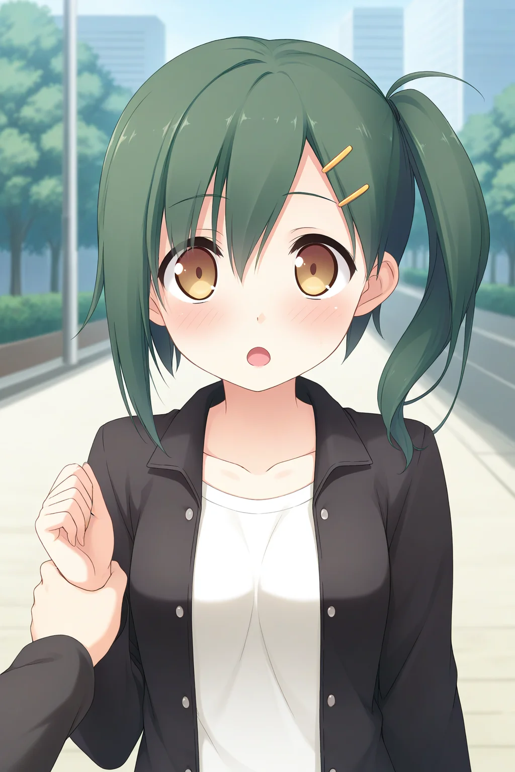 masterpiece, best quality, absurdres, official art, official style, rating general BREAK <lora:enomotokaho_IL_v1-1:0.7>, enomoto kaho, 1girl, solo, yellow eyes, brown eyes, green hair, short hair, hairclip, hair between eyes, side ponytail, small breasts, blush, solo focus, out of frame, looking at viewer, open mouth, pov hands, holding another's wrist, collarbone, outdoors, 1boy, day, upper body, :o, dutch angle, close-up, long sleeves, scenery, casual, open jacket, unbuttoned, black jacket, buttons, white t-shirt, blurry, depth of field, nose blush
