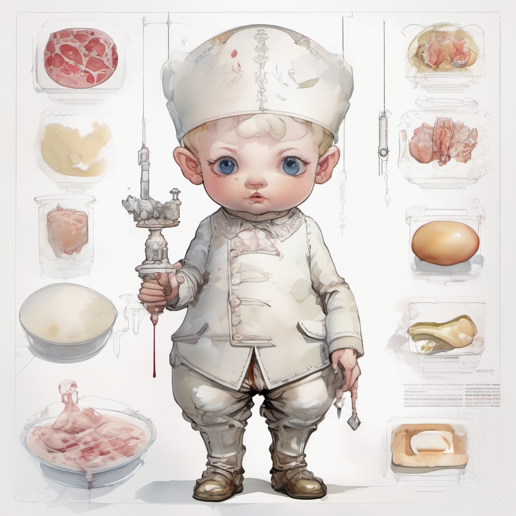 highly detailed intricate ((fat)) cyber baroque ( [ kid : baby : 0.55 ] ) Spanish butcher, white, octane render, caustics, milk, glossy, ((scientific illustration, diagrammatic )), explain, infographic illustration, character design, hyper details, serigraphy <lora:watercolor_v1_sdxl:1> manga