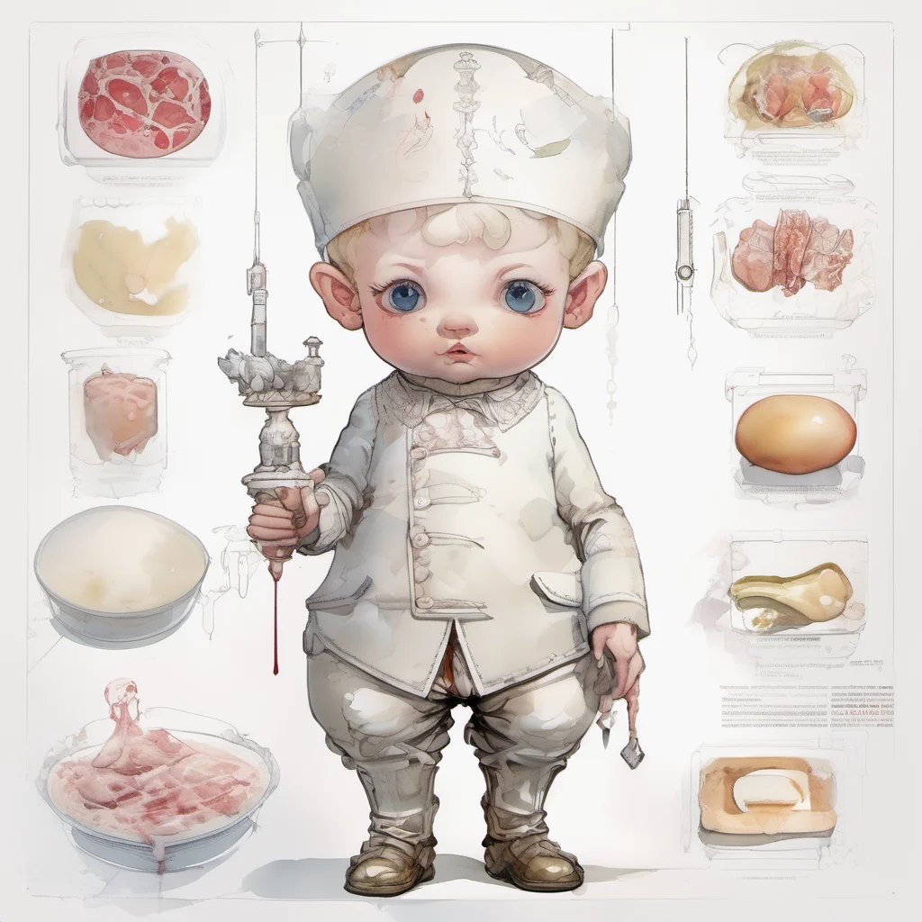 highly detailed intricate ((fat)) cyber baroque ( [ kid : baby : 0.55 ] ) Spanish butcher, white, octane render, caustics, milk, glossy, ((scientific illustration, diagrammatic )), explain, infographic illustration, character design, hyper details, serigraphy <lora:watercolor_v1_sdxl:1> manga