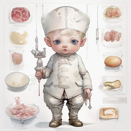 highly detailed intricate ((fat)) cyber baroque ( [ kid : baby : 0.55 ] ) Spanish butcher, white, octane render, caustics, milk, glossy, ((scientific illustration, diagrammatic )), explain, infographic illustration, character design, hyper details, serigraphy <lora:watercolor_v1_sdxl:1> manga