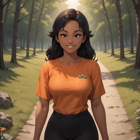 score_9, score_8, BREAK, solo, wii, mii, wii sports, 1girl, female mii, black hair, black eyes, brown eyebrows, orange clothing, black pants, shoes, breasts, nintendo mii, modern_mii, classic_mii, Keiko_Rikumura_(OC_Mii), cute, dark skin, dark skin female, tall, adult female, mature female, sexy pose, self portrait, smile, looking at viewer, outdoors, sunlight, shadows, evening lighting, natural lighting, forest, trees, grass, orange sky, sunset