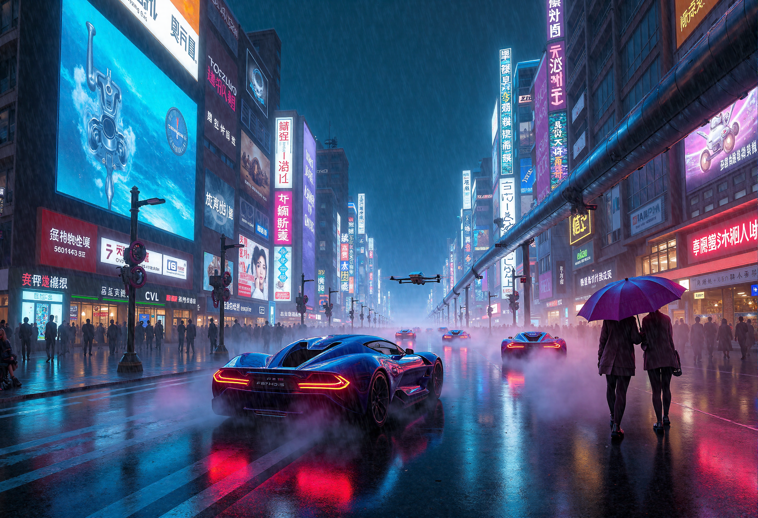 A highly detailed professional photograph capturing a futuristic Tokyo street scene at night, rendered in a cyberpunk aesthetic. The cityscape is bathed in vibrant neon lights, with a kaleidoscope of electric colorsâblues, purples, pinks, and redsâpouring from towering buildings that stretch high into the sky, their glass faÃ§ades shimmering with digital advertisements and holographic displays. The streets below are slick with rain, reflecting the glowing signs and vibrant lights, creating an almost mirror-like effect on the wet asphalt.
Futuristic, sleek cars glide through the street, their designs streamlined and ultra-modern, illuminated by glowing blue and red headlights and undercarriage lights, leaving faint trails of light in their wake as they speed through the city. In the background, towering billboards flicker with massive, holographic advertisements, while smaller drones hover above, silently patrolling the skies.
The street is bustling with life despite the heavy rainfall, with pedestrians wearing high-tech clothing and glowing accessories, moving under neon umbrellas that cast their own colored light. The rain creates a soft, misty haze, blurring the edges of the neon signs and car lights, adding an ethereal quality to the atmosphere. In the distance, a monorail zips past, its sleek silhouette barely visible through the rain and neon-lit fog. Darkness envelops the city, but the vivid, pulsing lights create an otherworldly ambiance, blending the high-tech allure of the future with the gritty, dystopian undercurrent that permeates the cyberpunk genre. The mood is both vibrant and foreboding, capturing the essence of a futuristic metropolis that never sleeps.