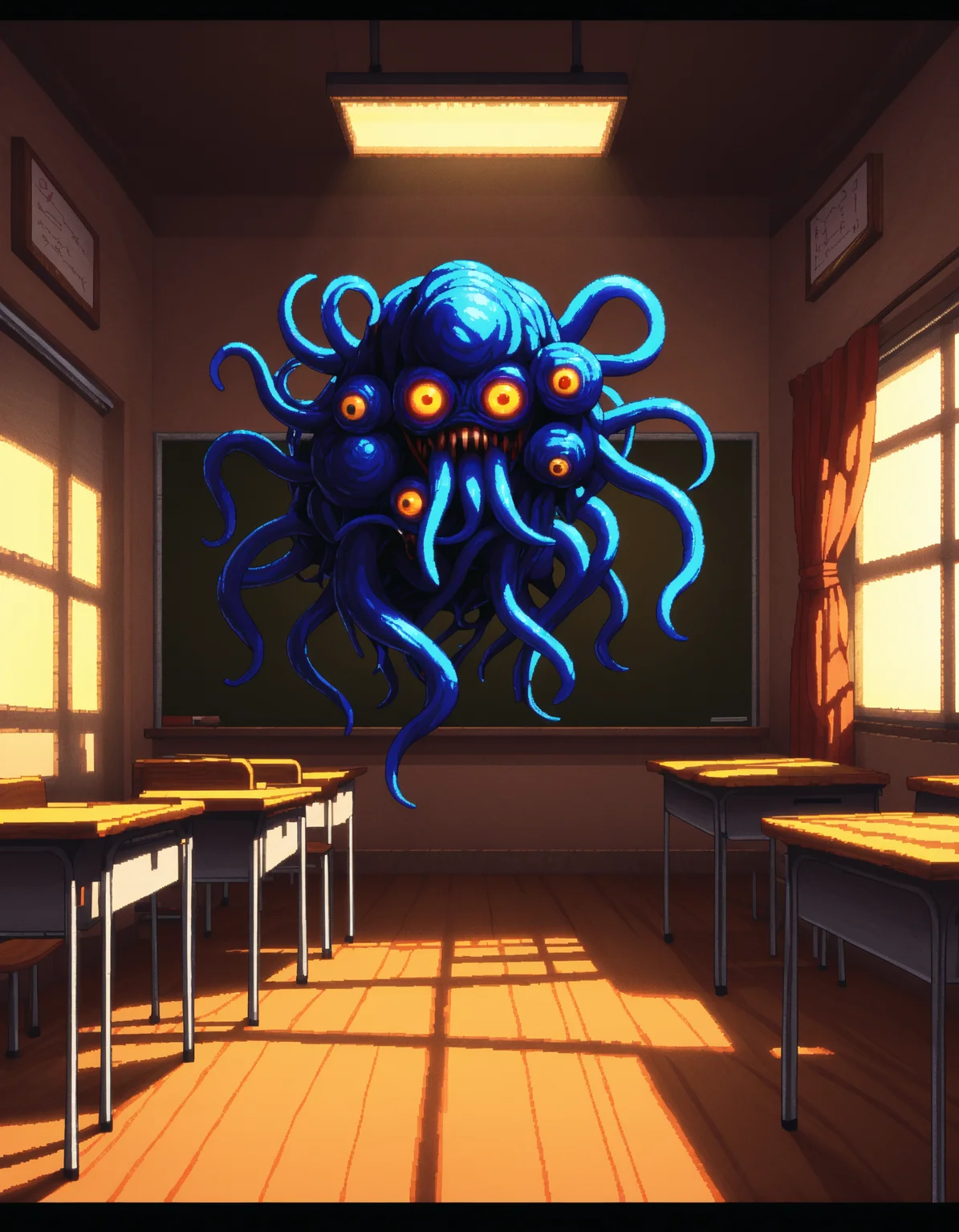 pixel-art score_9, <lora:The_Grey_Ones:0.6> gr4y0ne, horror \(theme\), teacher, twisted and distorted, hard shadows, ambient blue and yellow lighting, eldritch abomination, tentacles, many eyes, extra eyes, classroom . low-res, blocky, pixel art style, 8-bit graphics