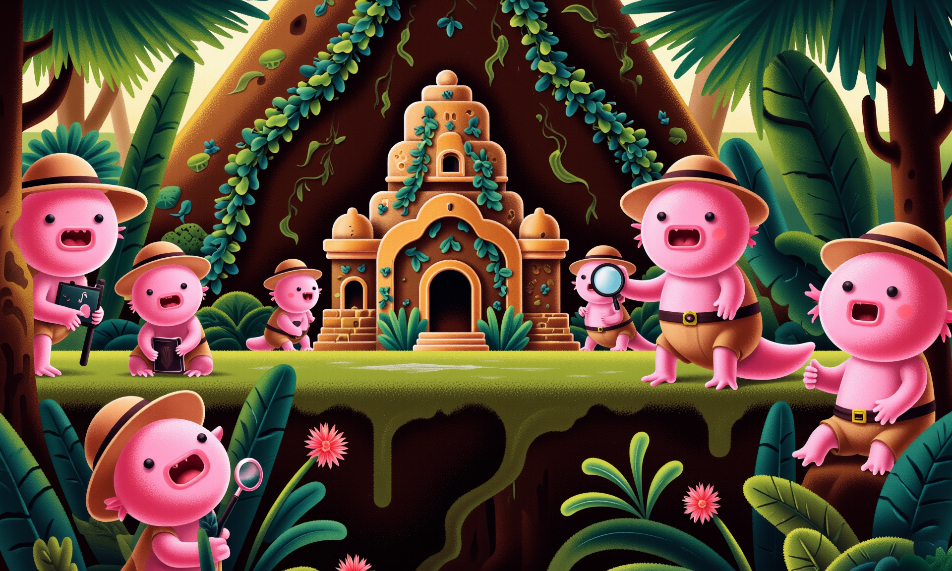 wh1m5y_style flat illustration, axolotl, high-angle view of a small group of pink axolotls in tiny safari hats and khaki explorer outfits, peering excitedly over a miniature cliff edge to discover a hidden, moss-covered temple deep in the jungle; one axolotl holds a tiny map, while others carry small magnifying glasses and tiny machetes; lush jungle foliage surrounds them, with vines, tropical flowers, and dappled sunlight filtering through the dense canopy, casting a warm glow; a tilt-shift blur effect emphasizes their tiny scale, with detailed textures on the templeâs cracked stone walls and creeping ivy, creating a thrilling, mysterious atmosphere<lora:Axomodel_Flux_V2.safetensors:1.0:1.0> <lora:wh1m5y_style flat illustration__FLUX.safetensors:1:1>