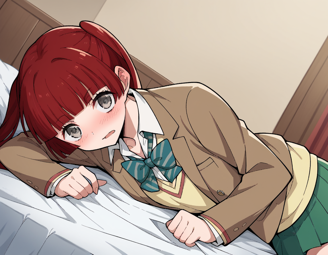 score_9, score_8_up, score_7_up, source_anime, <lora:n-arisugawa-oc-ponyxl-lora-nochekaiser:1>, n-arisugawa, long hair, red hair, bangs, blunt bangs, hime cut, grey eyes,, twintails, skirt, long sleeves, school uniform, jacket, miniskirt, green skirt, blazer, brown blazer, sweater vest, yellow sweater vest, bowtie, green bowtie, striped bowtie, collared shirt,, indoors, bed, bed room, on side, blush, drunk, looking at viewer, solo,, cowboy shot, dutch angle