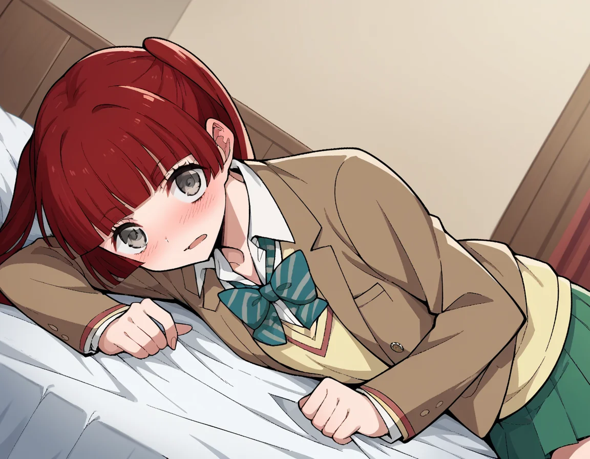 score_9, score_8_up, score_7_up, source_anime, <lora:n-arisugawa-oc-ponyxl-lora-nochekaiser:1>, n-arisugawa, long hair, red hair, bangs, blunt bangs, hime cut, grey eyes,, twintails, skirt, long sleeves, school uniform, jacket, miniskirt, green skirt, blazer, brown blazer, sweater vest, yellow sweater vest, bowtie, green bowtie, striped bowtie, collared shirt,, indoors, bed, bed room, on side, blush, drunk, looking at viewer, solo,, cowboy shot, dutch angle