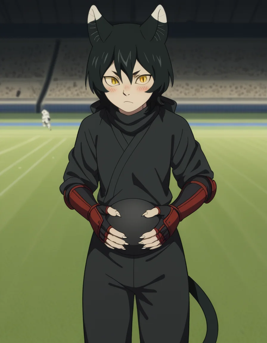 score_9, score_8_up, score_7_up, source_anime, <lora:izutsumi-s1-ponyxl-lora-nochekaiser:1>, izutsumi, black hair, animal ears, tail, yellow eyes, cat ears, cat tail, cat girl, slit pupils,, japanese clothes, gauntlets, ninja, black shirt, black pants,, soccer field, grass, goal, players, sport, , hands on stomach, blush,, looking at viewer, solo,, dutch angle, cowboy shot