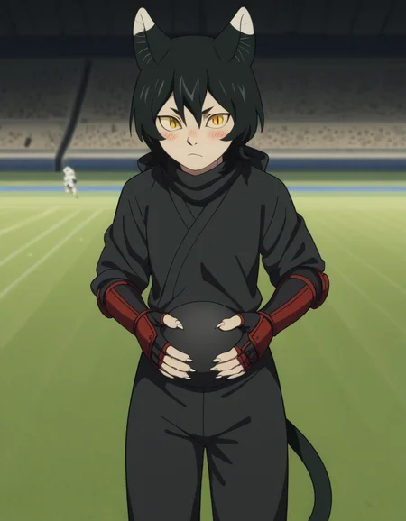 score_9, score_8_up, score_7_up, source_anime, <lora:izutsumi-s1-ponyxl-lora-nochekaiser:1>, izutsumi, black hair, animal ears, tail, yellow eyes, cat ears, cat tail, cat girl, slit pupils,, japanese clothes, gauntlets, ninja, black shirt, black pants,, soccer field, grass, goal, players, sport, , hands on stomach, blush,, looking at viewer, solo,, dutch angle, cowboy shot