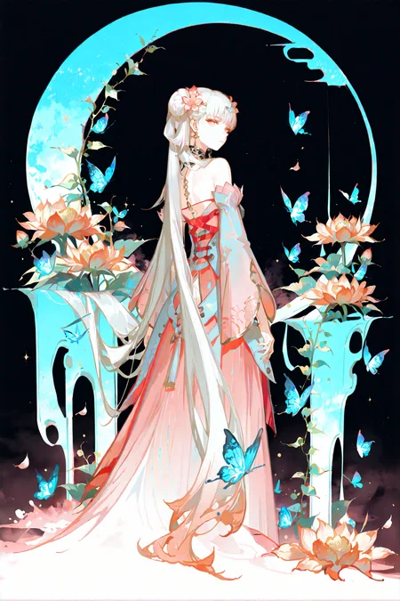 masterpiece,best quality,Good quality,very aesthetic,absurdres,newest,1girl,by rella,solo,long_hair,long_sleeves,dress,closed_mouth,full_body,expressionless,moon,plant,bug,butterfly,limited_palette,vines,two-sided_fabric,blue_butterfly,looking_at_viewer,<lora:ponyv6_noobV1_2_adamW-000017:0.8>,<lora:USNR_STYLE_XL_lokr:1>,
<lora:jxnew-noob-Tanger-000014:0.8>,
jinhsi,jinhsi \(peach blossom\) \(wuthering waves\),(clothes:peach blossom pink dress,alternate costume,bare shoulders:1.2),flower-shaped pupils,1girl,hair ornament,hair flower,twintails,bangs,jewelry,very long hair,