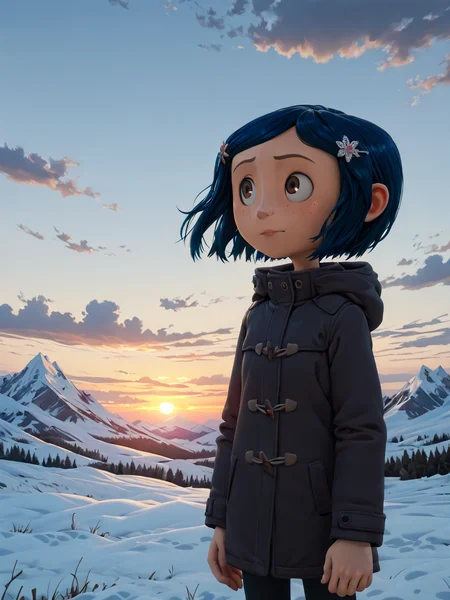 (masterpiece,best quality,newest,absurdres,highres), C0r4l1n3, 1girl, solo, short hair, blue hair, hair ornament, brown eyes, hairclip, freckles, mountain top, winter coat, sunrise, wide shot, scenic landscape, dramatic clouds, wind, snow, epic lighting, contemplative pose, looking into distance, cinematic atmosphere  <lora:Coraline_IllustriousXL:0.8>
