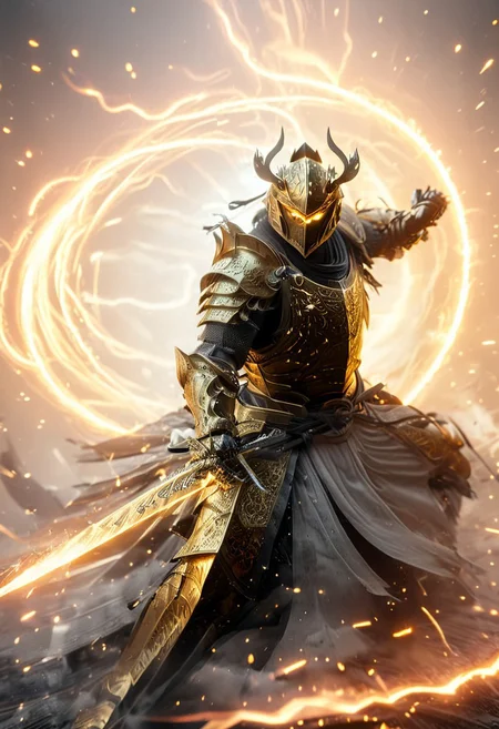 1man, armored samurai in golden samurai armor, wearing samurai helmet and armor, golden fire, wielding dual swords:1.2, brave perspective, reflection, glowing golden fire, golden lightning shatter, , glowing sword, motion blur, emphasis line, outdoor in the darkness, looking at viewer, katanas