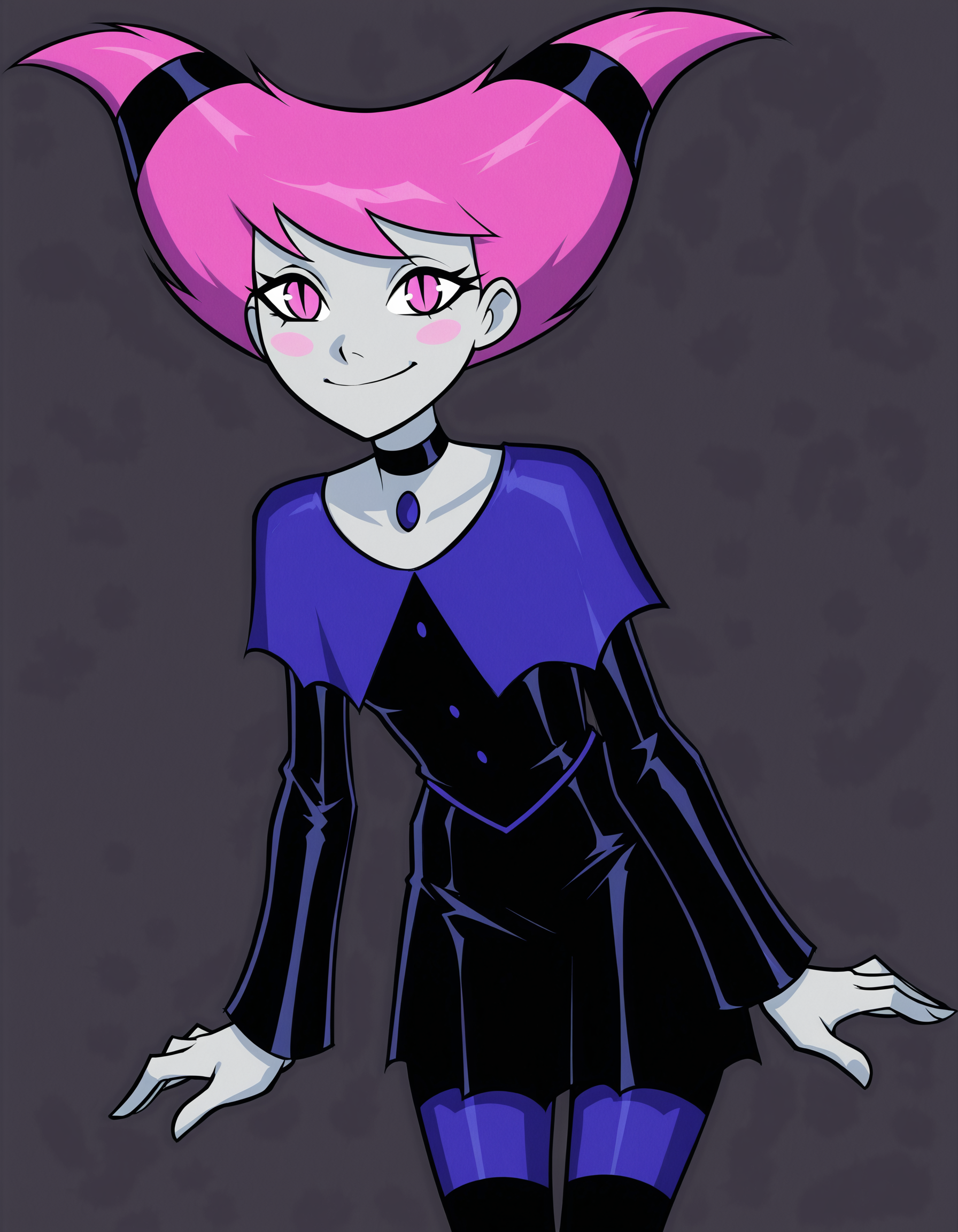 jinxtt, 1girl, pink hair, capelet, grey skin, hair ties, long sleeves, choker, solo,pink eyes, slit pupils,  , blush stickers, black dress, chest jewel, smile, striped pantyhose,asura \(asurauser\),  <lora:JinxIllustrious2.0JLFO:0.7> simple background, masterpiece, best quality, amazing quality, very aesthetic, absurdres,looking at viewer,
