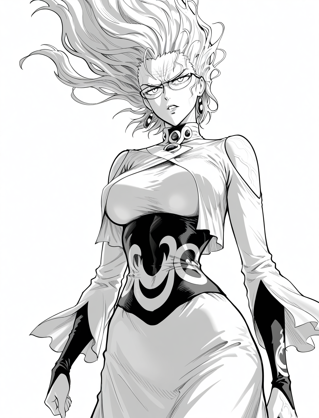 1girl, opmstyle, psychos \(one-punch man\), greyscale, monochrome, jewelry, earrings, solo, breasts, glasses, long hair, large breasts, dress, looking at viewer, floating hair, aura, parted lips, shoulder cutout, clothing cutout, veins, angry, teeth, simple background, white background high quality, best quality, amazing quality, highres, absurdres, masterpiece, aesthetic, <lora:OPMStyle:1>