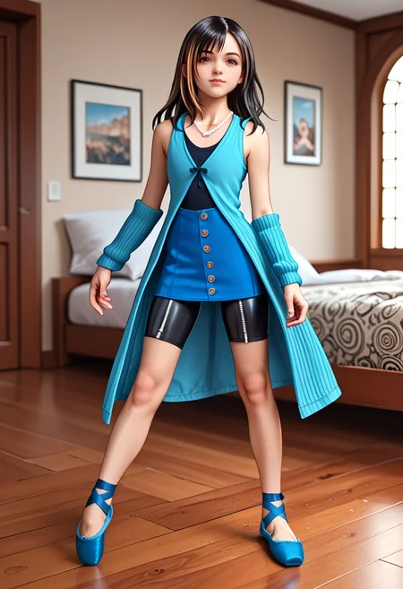 zPDXL3, source_anime, cozy, bedroom, indoors, <lora:Rinoa_XL:1> 1girl, dancing ballet, secretly happy, concentrating, long hair, Two-Tone Hair, black hair, streaked hair, brown hair, brown eyes, necklace, jewelry, blue coat, sleeveless, armlet, ribbon, arm warmers, skirt, bike shorts, buttons, zipper, looking at viewer, <lora:Ballet_Pointe_Shoes:0.8> p01n73-5h035, ballet slippers, blue footwear, <lora:zy_Detailed_Backgrounds_v1:0.7> Background, Detailed background, Elaborate, Rich, Dynamic, Immersive, Intricate