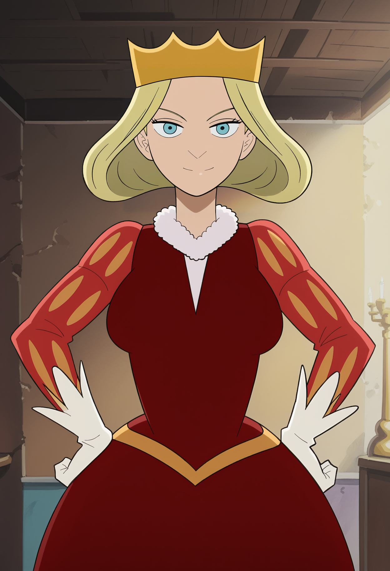 <lora:Queen_Hiling-Ranking_of_Kings:1>,Hiling,1girl,solo,blonde hair,blue eyes,short hair,crown,red dress,breasts,gloves,cowboy shot, hands on own hips, looking at viewer, smile,indoors