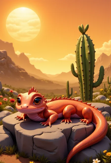 <lora:DetailAnimals:0.8> <lora:Tim_Burton_Style_FX-000001:0.8> tburton_Sstyle red salamander resting on a rock under the hot desert sun, a cactus in the background.